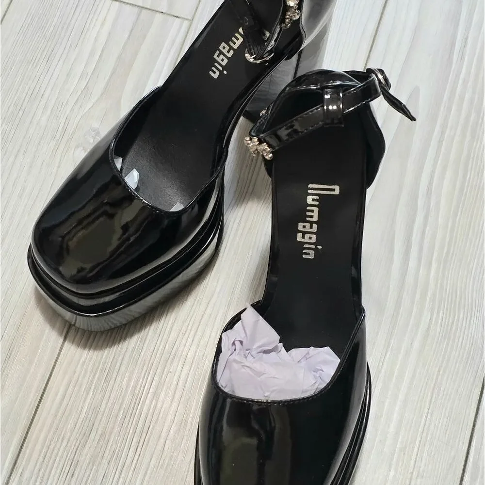 (36-4276) Women's Sexy Patent Leather Platform Chunky High Heels Sz 40 (9.5)